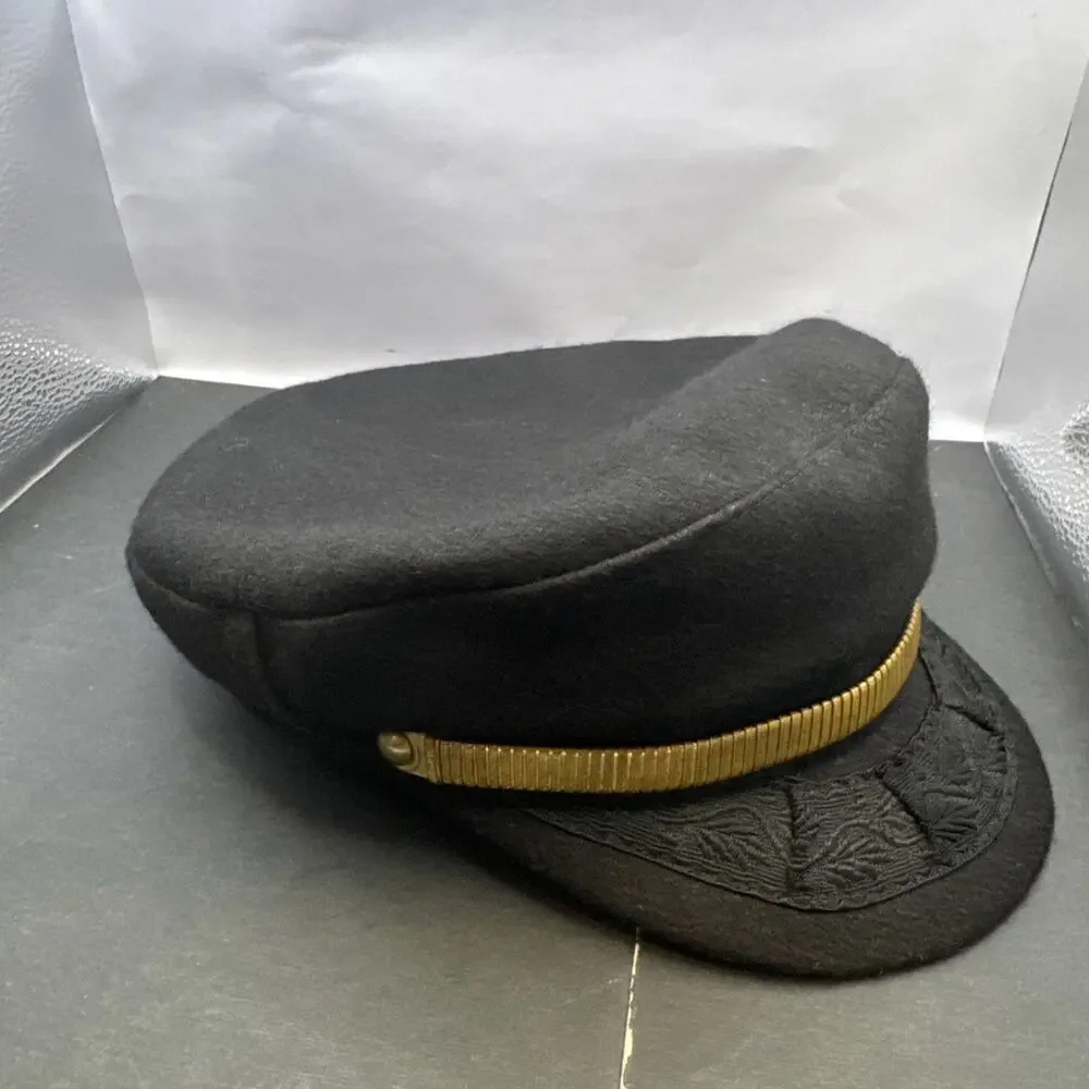 Vintage Greek Fisherman Cap Black Wool Gold Band Made in Greece Nautical Hat
